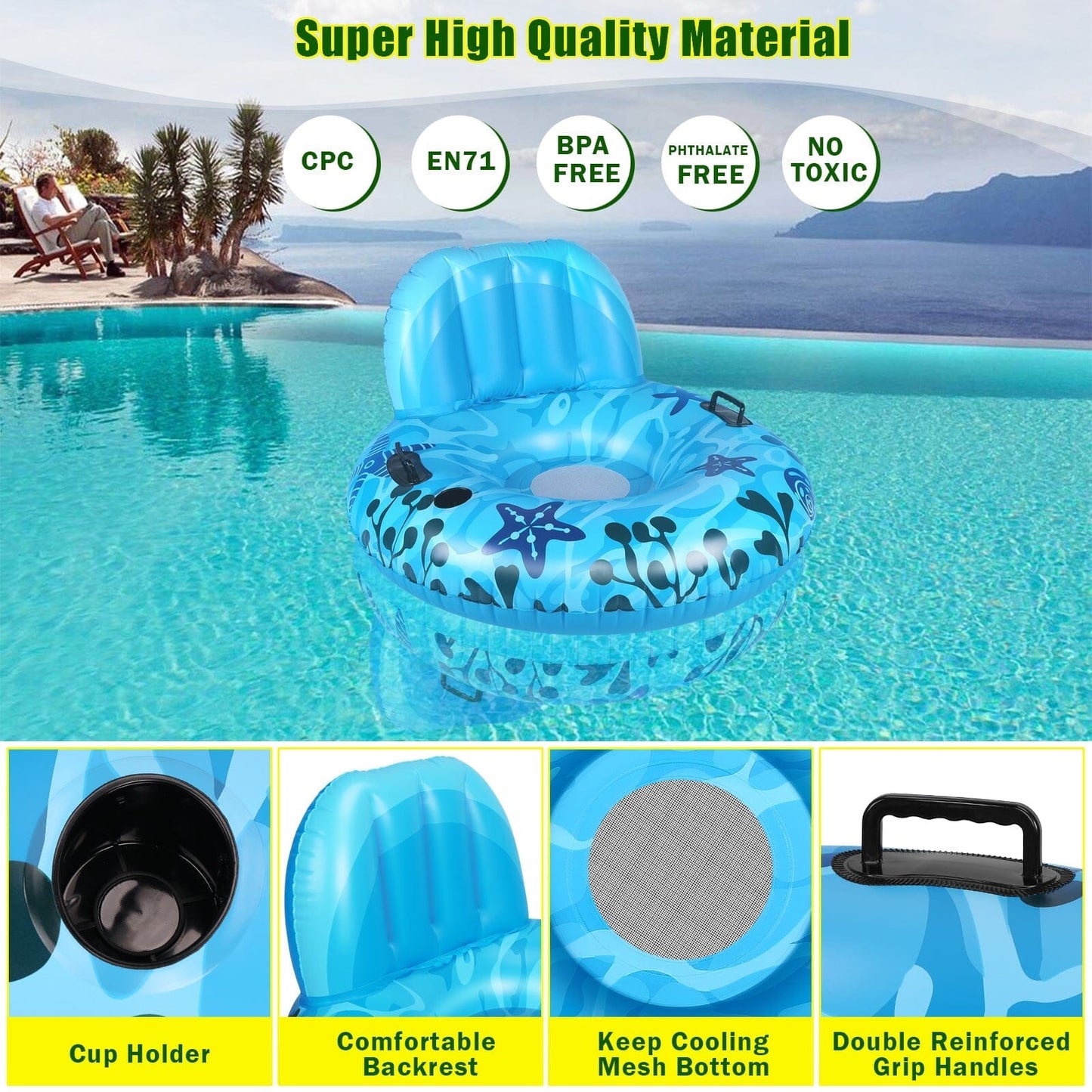 Inflatable Lounger Pool Float with Rubber Handle and Drink Holder