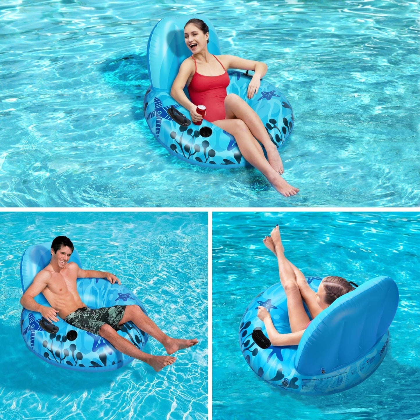 Inflatable Lounger Pool Float with Rubber Handle and Drink Holder