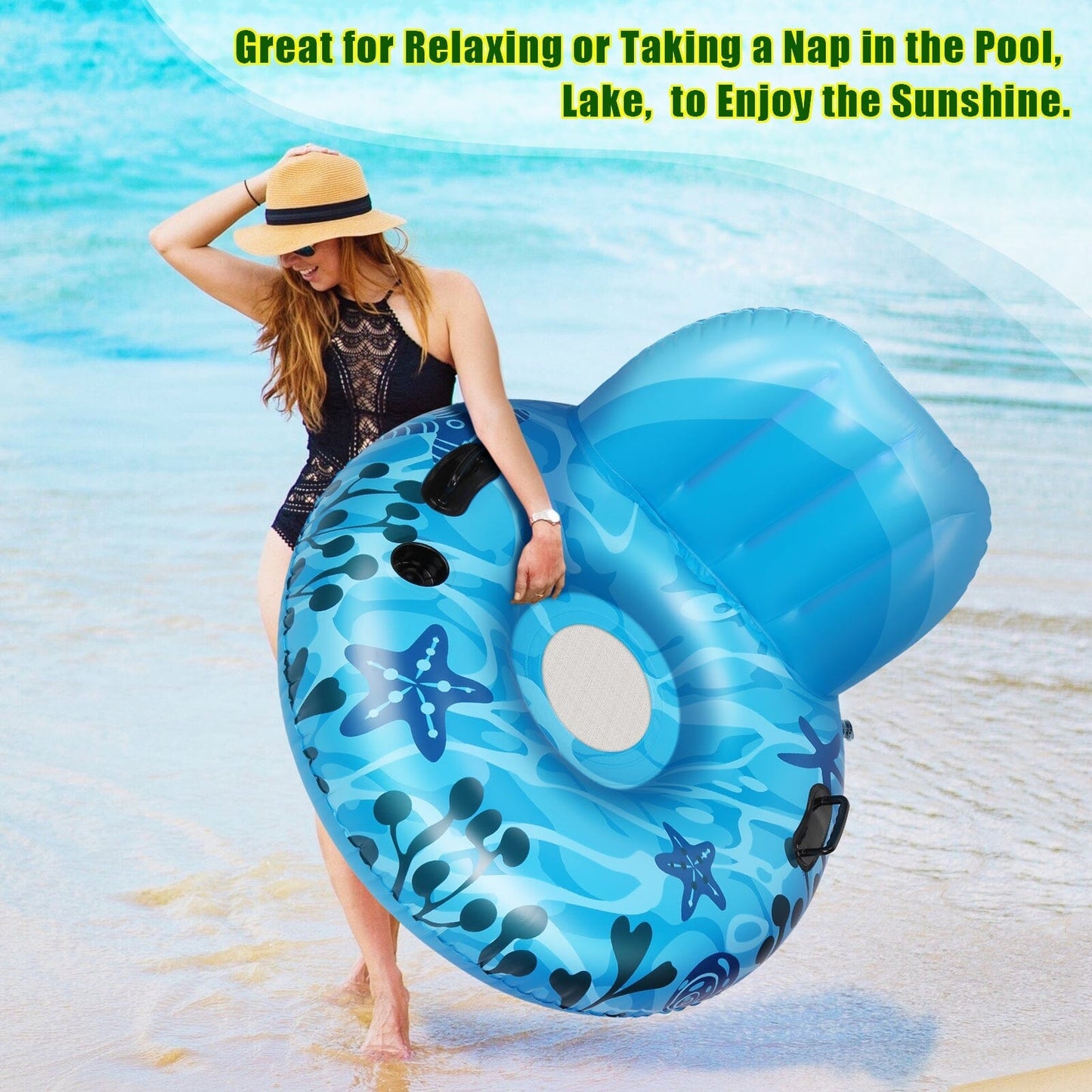 Inflatable Lounger Pool Float with Rubber Handle and Drink Holder