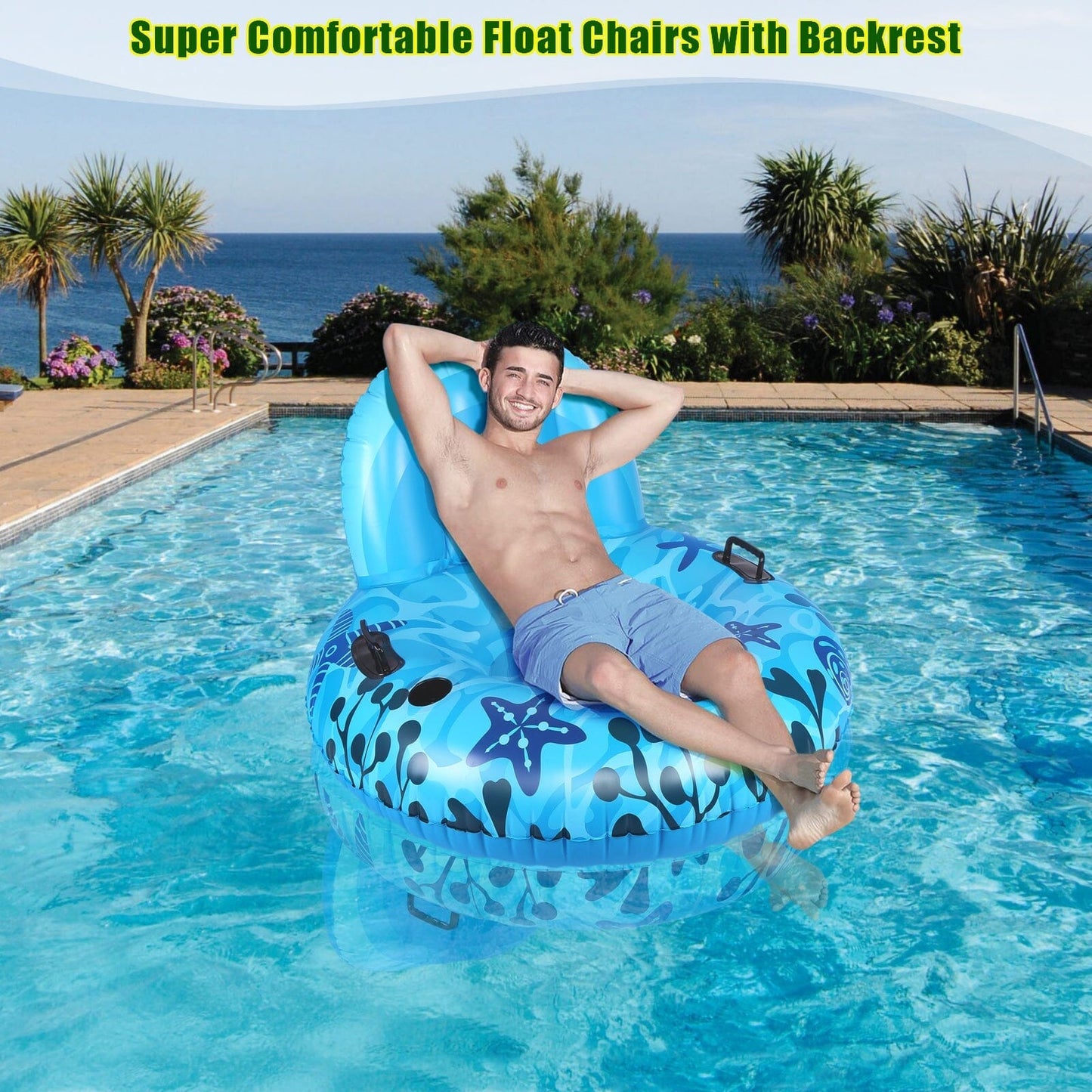 Inflatable Lounger Pool Float with Rubber Handle and Drink Holder