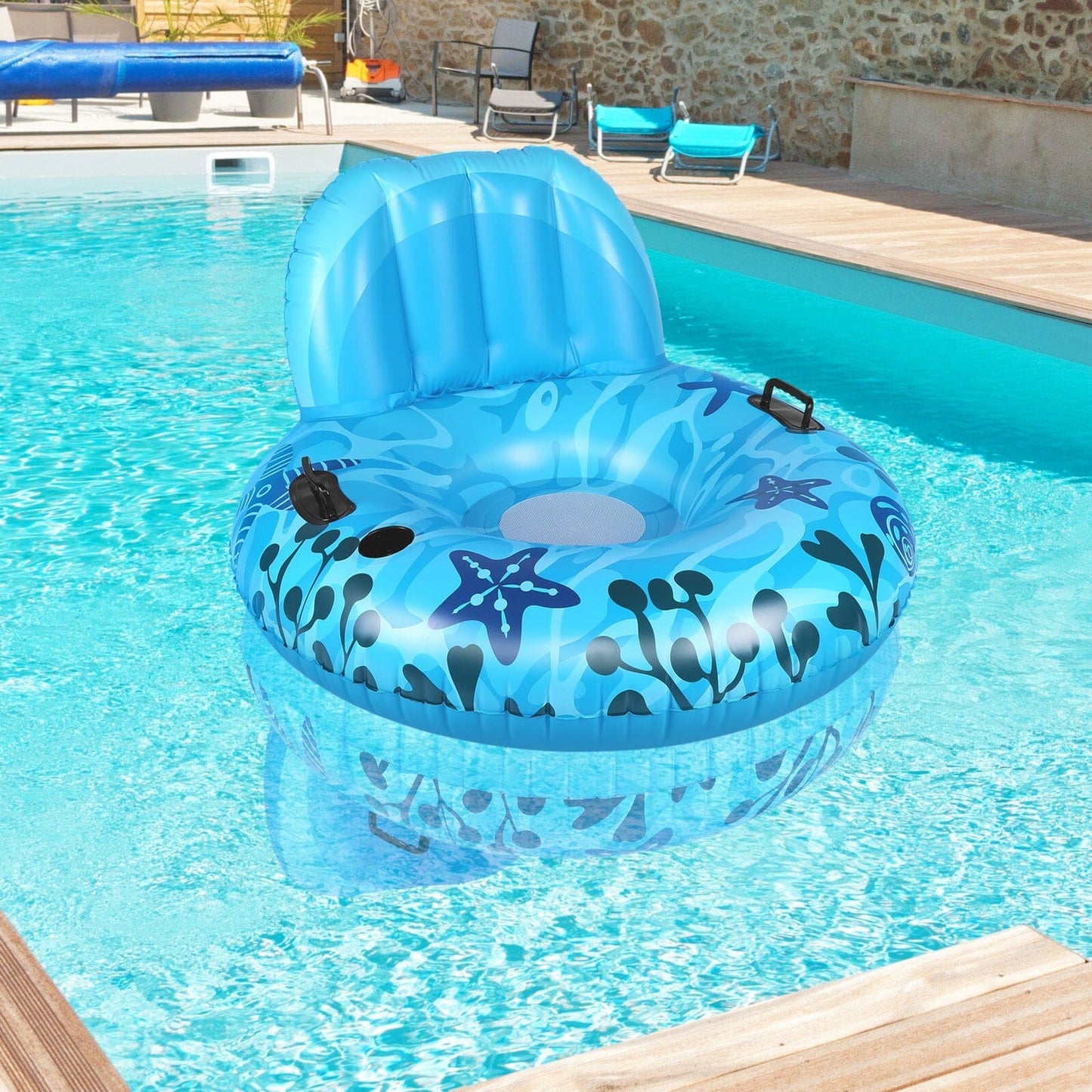 Inflatable Lounger Pool Float with Rubber Handle and Drink Holder