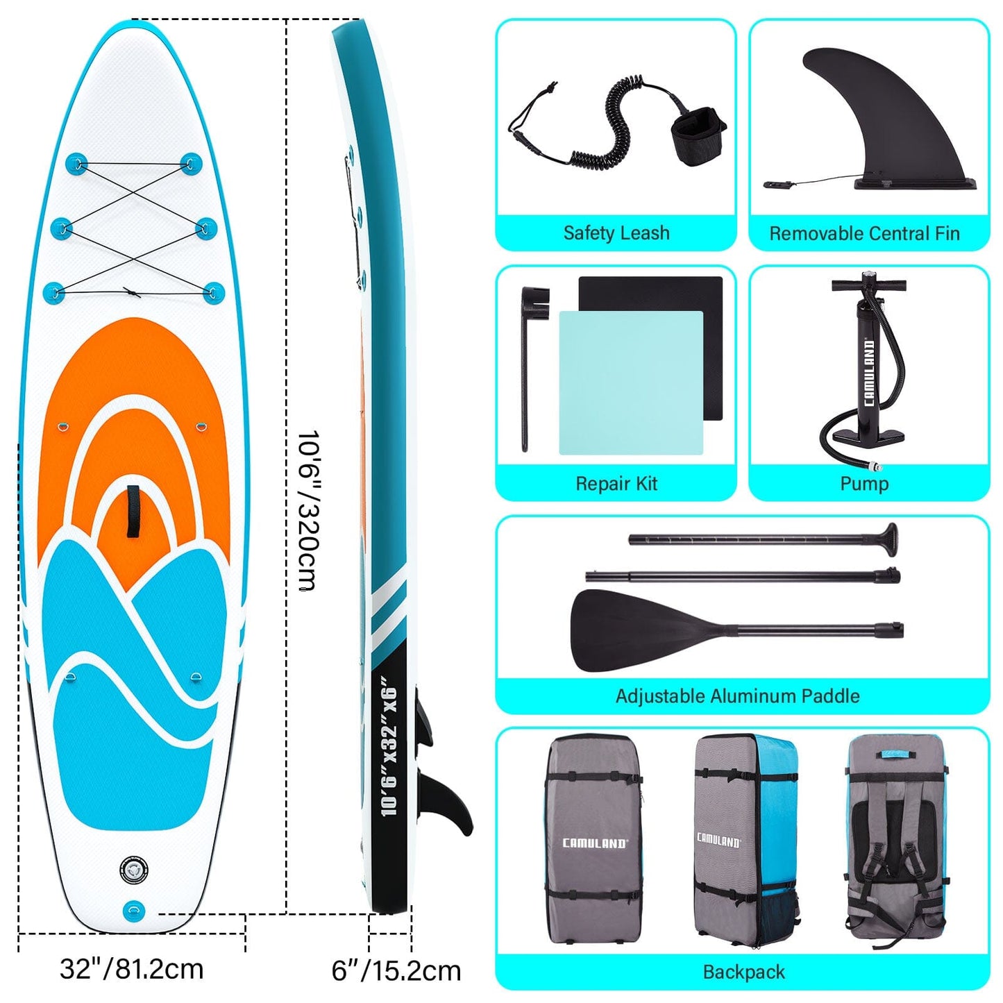 Inflatable Paddle Board Stand up Adults with Adjustable Paddle and Removable Fin Orange
