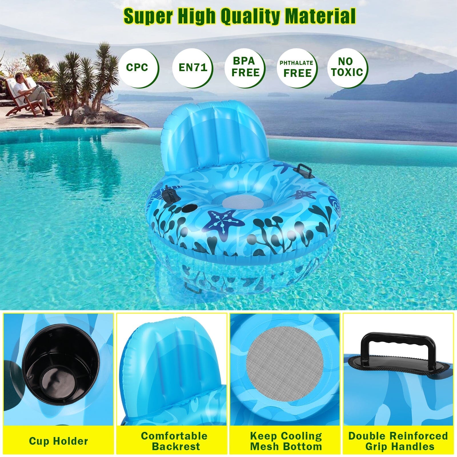 Inflatable Lounger Pool Float with Rubber Handle and Drink Holder