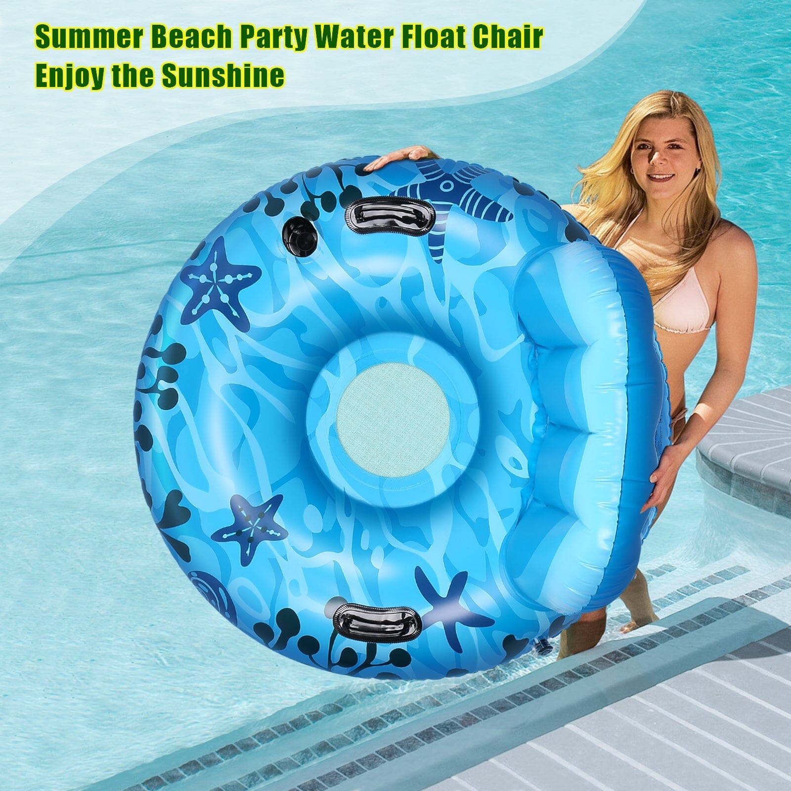 Inflatable Lounger Pool Float with Rubber Handle and Drink Holder