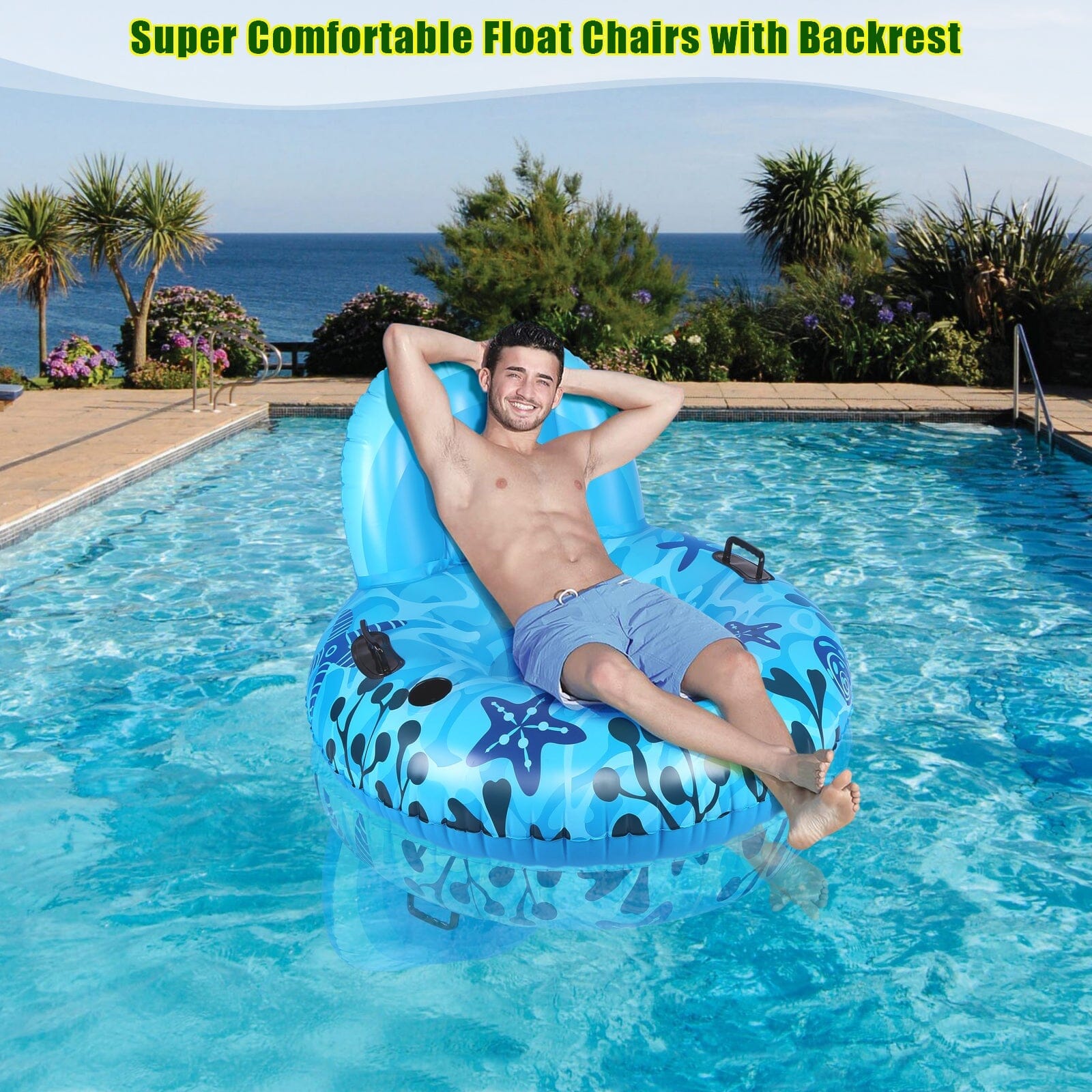 Inflatable Lounger Pool Float with Rubber Handle and Drink Holder